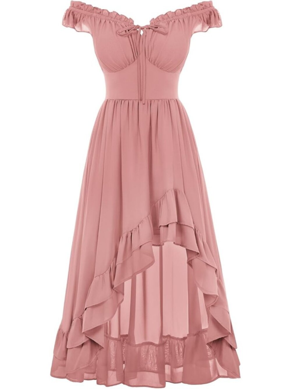 Women's Renaissance Corset Dress Off Shoulder High-Low Chiffon Midi Dress-L Pink